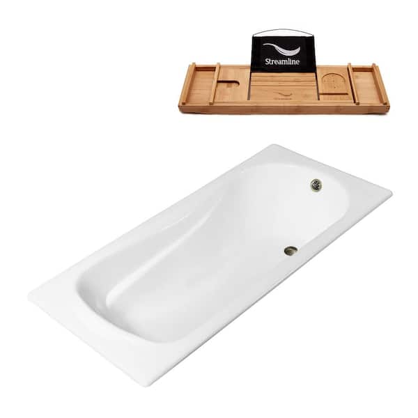 Streamline 71 in. Cast Iron Rectangular Drop-in Bathtub in Glossy White with Brushed Nickel External Drain and Tray