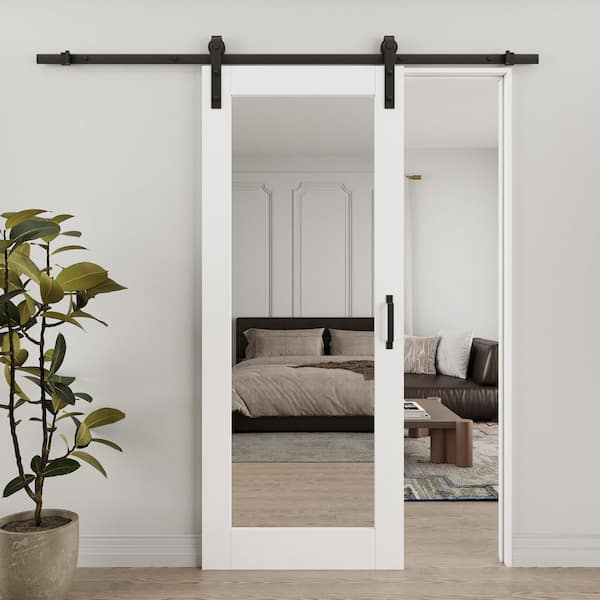 32 in. x 84 in. 1-Lite Full Length Mirrored Glass White Primed MDF Sliding Barn Door with Black Finish Hardware Kit