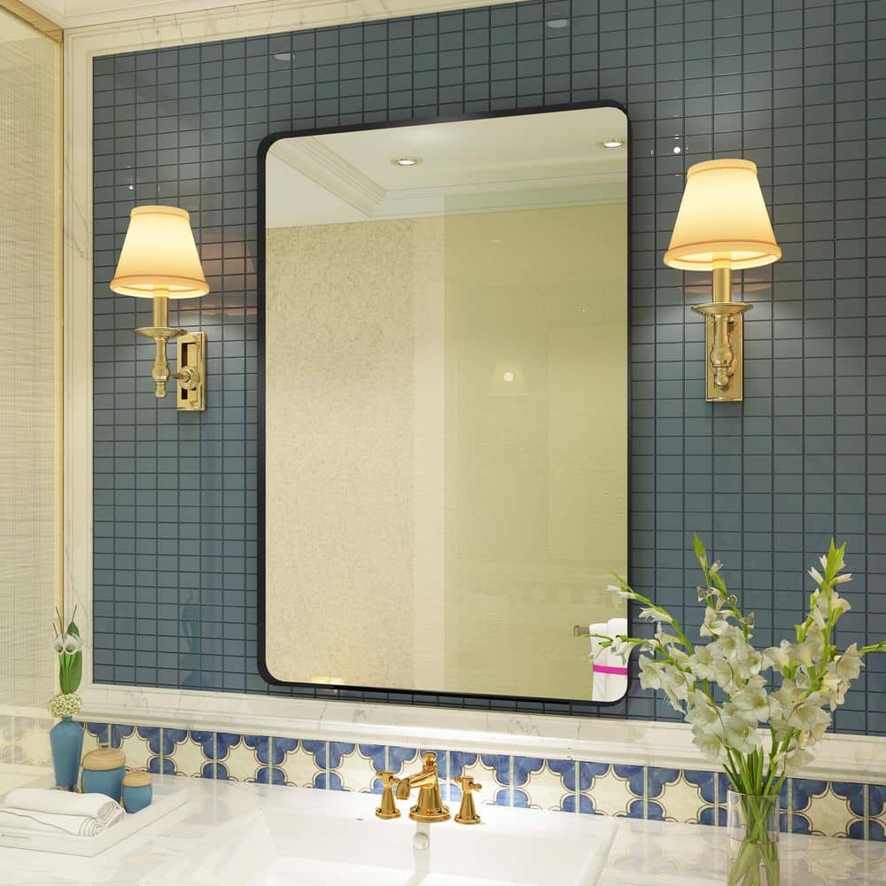28 in. W x 36 in. H Premium Aluminum Framed Rectangular Bathroom Vanity Wall Mirror in Matte Black price history on PriceWatchPro
