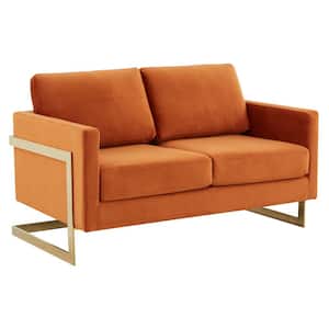 Lincoln Modern 55" Mid-Century Modern Upholstered Velvet Loveseat with Gold Frame in Orange Marmalade