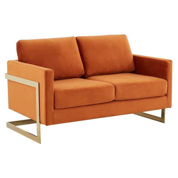 Leisuremod Lincoln Modern 55" Mid-Century Modern Upholstered Velvet Loveseat with Gold Frame in Orange Marmalade