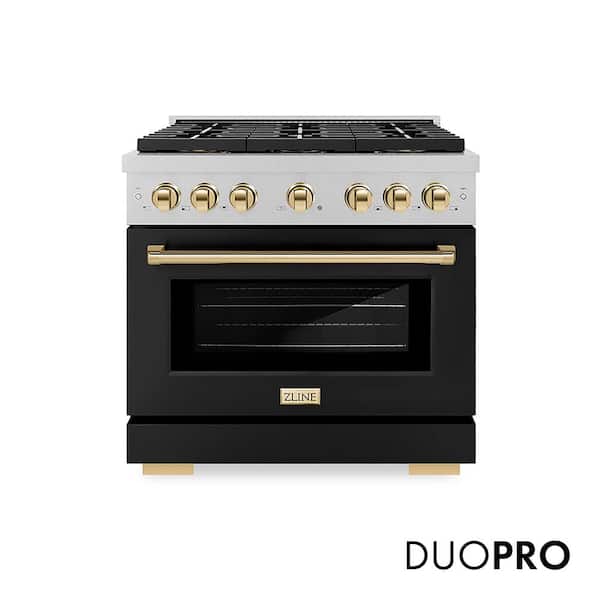 Autograph 36 in. 5.2 cu. ft. Dual Fuel Range with 6 Burner Cooktop in Satin Stainless Steel with Black Matte and Gold