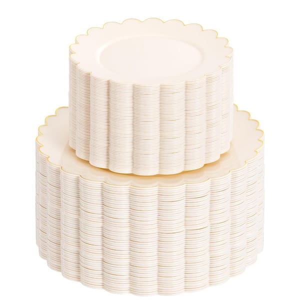 200-Piece Disposable Gold Plastic Dinnerware Set with 40 Dinner Plates 10.25 in, 40 Salad Plates 7.5 in,