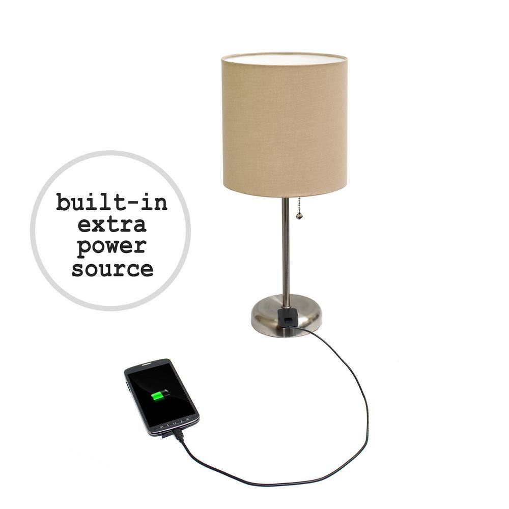 Brushed Steel and Tan Fabric Shade Table Lamp Set with Charging Outlet