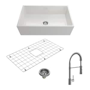 Contempo White Fireclay 33 in. Single Bowl Farmhouse Apron Front Kitchen Sink with Faucet