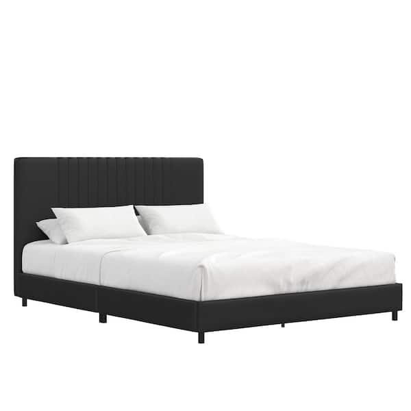 REALROOMS Rio Black Wooden Frame Full Size Platform Bed with Upholstered Black Faux Leather Headboard