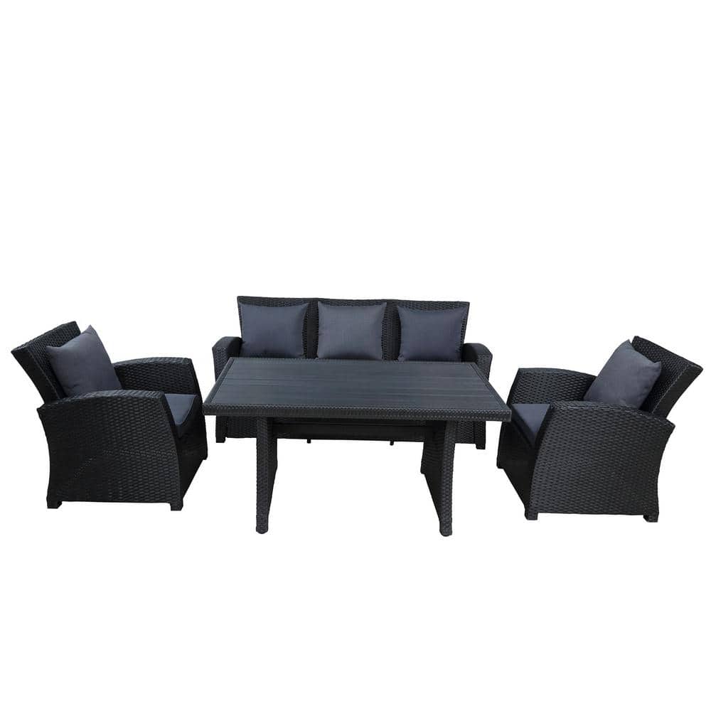 4-Piece Wicker Patio Conversation Set Rattan with Dark Grey Cushions and Coffee Table