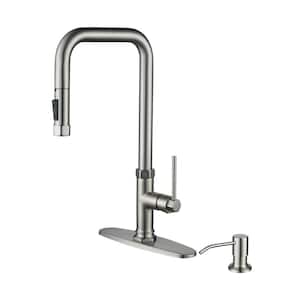 Single-Handle Pull Down Sprayer Kitchen Faucet with Soap Dispenser and Deck Plate in Brushed Nickel