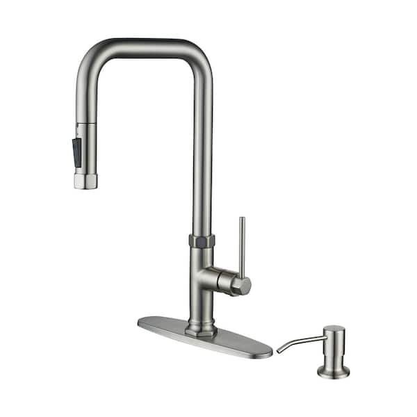 IVIGA Brass Single Handle Pull Down Sprayer Kitchen Faucet with 2-Mode Advanced Spray and Soap Dispenser in Brushed Nickel