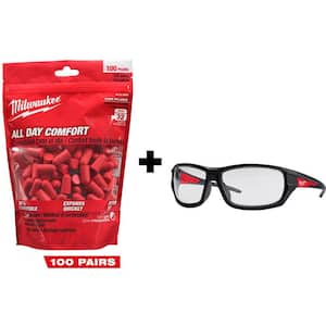 Red Disposable Earplugs (100-Pack) and Performance Safety Glasses with Clear Fog-Free Lenses