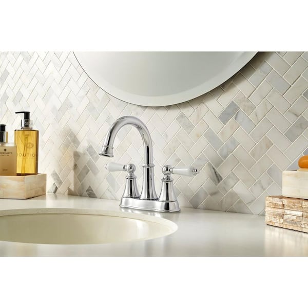 Courant 4 in. Centerset 2-Handle Bathroom Faucet in Polished Chrome with White Handles (2-Pack Combo)