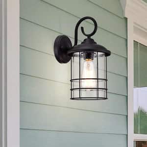 1-Light Black Outdoor Wall Lantern Sconce with Round (1-Pack)
