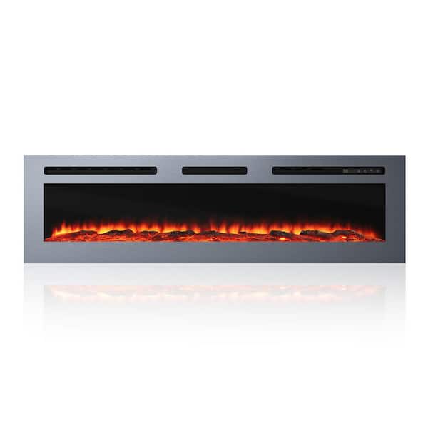60 in. Stainless Steel Wall Mounted Electric Fireplace with Remote Control in Silver