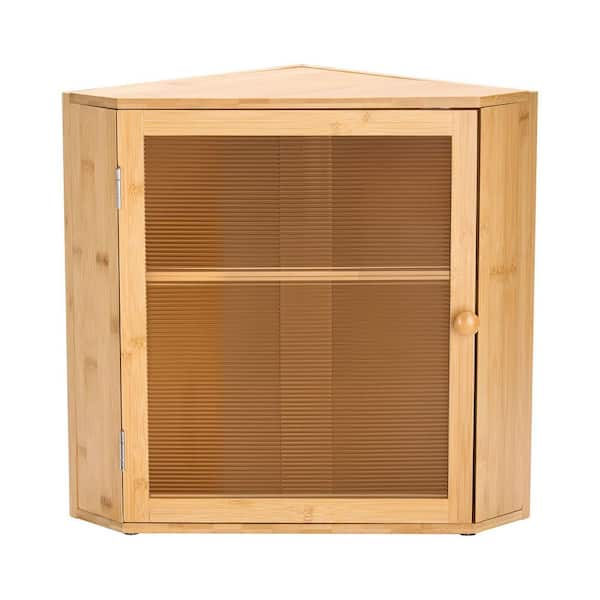 Corner Bamboo Bread Box, Double Layer Large Farmhouse Storage Bin w/ Acrylic Wavy Door for Kitchen Counter, Natural