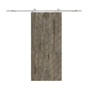 Herringbone 36 in. x 84 in. Fully Assembled Weather Gray-Stained Wood Modern Sliding Barn Door with Hardware Kit