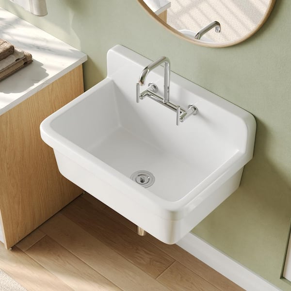 30 in. L x 20 in. W Wall Mount Laundry/Utility Sink Single Bowl Sink in White for 2-Hole Faucet