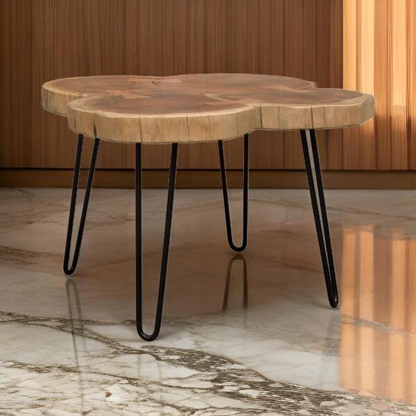 Benjara Custom Series 28 in. Natural and Black Round Wood Coffee Table with Live Edge and Black Metal Legs