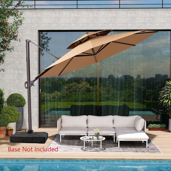 Pellebant Double Top 11.5 ft. Round Aluminum Heavy-Duty 360° Rotation Cantilever Patio Umbrella in Tan with No Base