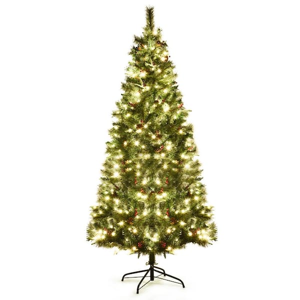 Gymax 7 ft. Pre-Lit Hinged Christmas Tree Holiday Decor with LED Lights Metal Stand
