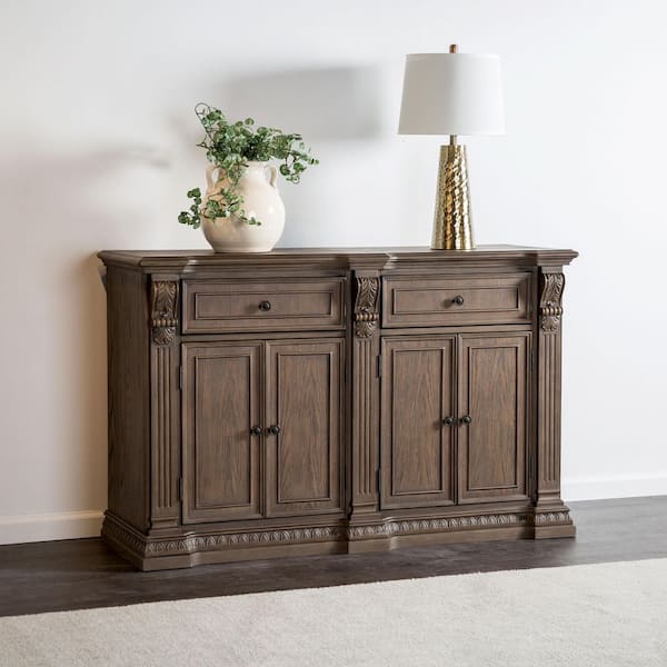 Furniture of America Banks Weathered Oak Wood Top 60 in. Buffet Sideboard with Adjustable Shelves, Dentil Molding, Ornate Corbel and Drawers