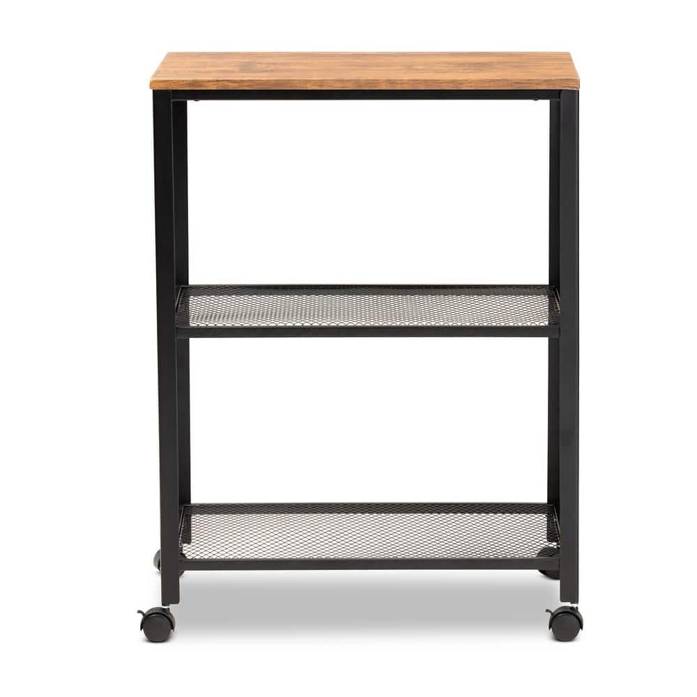 Verna Oak Brown and Black Wood Kitchen Serving Cart with Storage