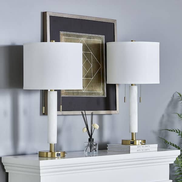 Maxax Concord 26.25 in. 2-Light Dolomite and Gold Modern Minimalist Table Lamp with White Fabric Drum Shade (Set of 2)
