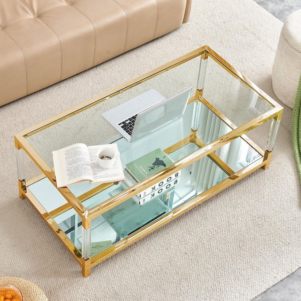 47 in. Clear Rectangle Tempered Glass Coffee Table with Stainless Steel Legs, 2-Tier Center Table for Living Room