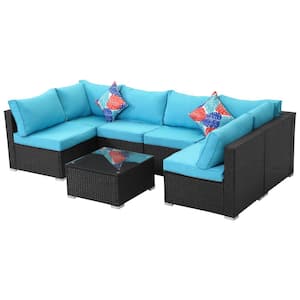 Black 7-Piece Wicker Outdoor Sectional with Blue Cushions