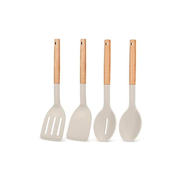 Beige Silicone Cooking Utensils Set, Non Stick Solid Spatulas, Heat Resistant Slotted Spoons with Wooden Handle