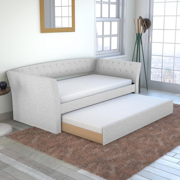 New Castle Twin Size Daybed with Wheeled Trundle, Gray Linen, Tufted Upholstery