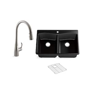 Kennon Drop-in/Undermount Neoroc Granite Composite 33 in. Double Bowl Kitchen Sink with Simplice Faucet in Matte Black