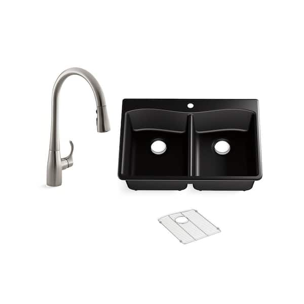 KOHLER Kennon Drop-in/Undermount Neoroc Granite Composite 33 in. Double Bowl Kitchen Sink with Simplice Faucet in Matte Black