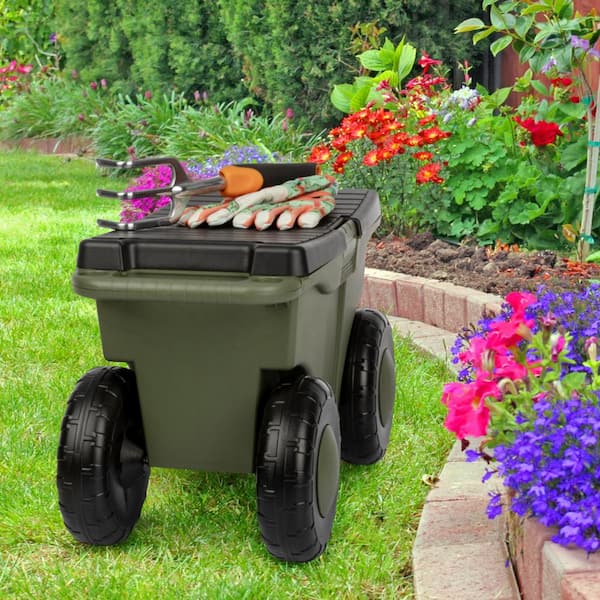 Pure Garden 1.89 cu. ft. Green Plastic Rolling Garden Cart