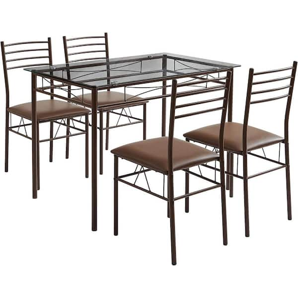 VECELO 5 Piece Dining Table Set Dining Table and Chairs Dining Sets for 4 Space Saving Sturdy Metal Frames and Brown Glass Top THD XJM TC01 BRN