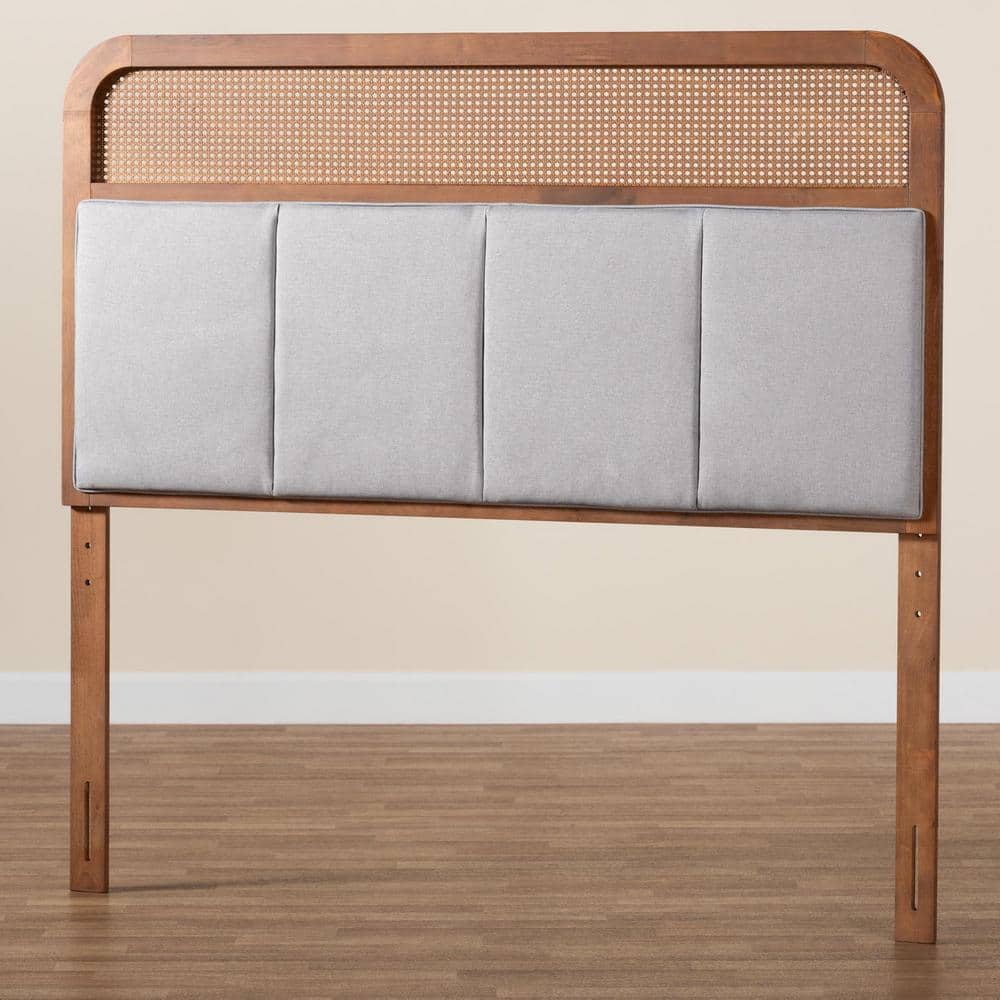 Esti King Walnut and Gray Upholstered Headboard with Rattan