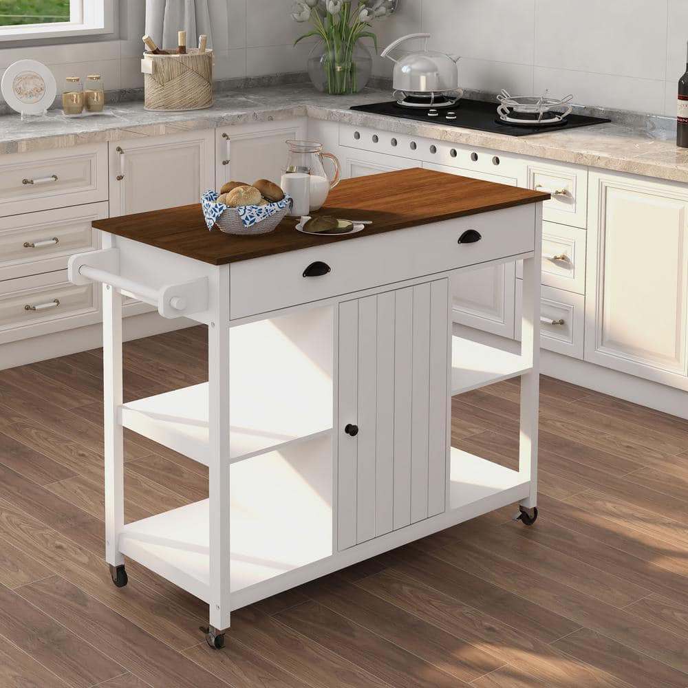 White Solid Wood Top 43.3 in. W Kitchen Island on 5Wheels with Open