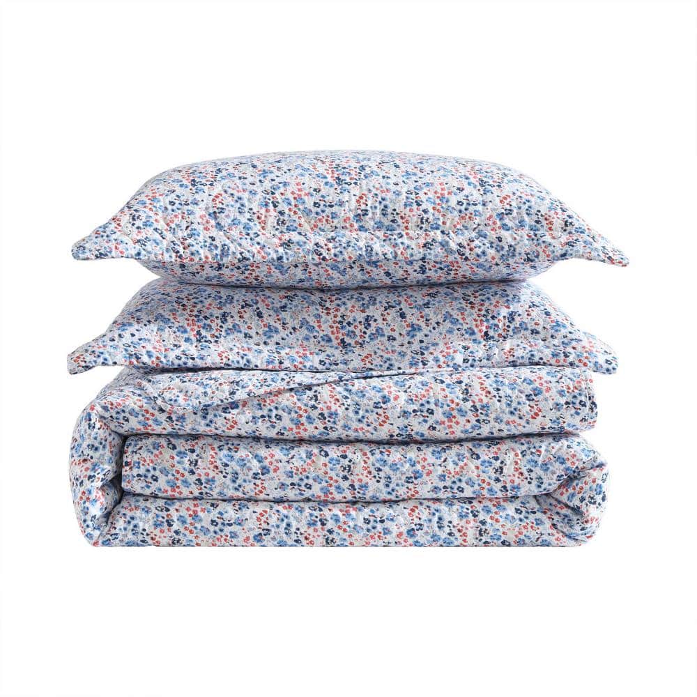 Leona Flower Blue and Red Cotton Twin Reversible Quilt Set