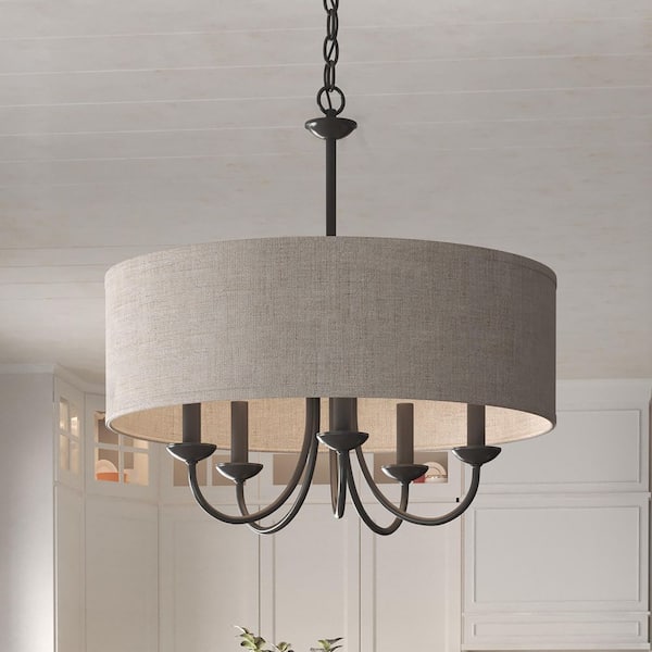 Drum Shade Collection Farmhouse 21-5/8 in. 5-Light Matte Black with Harvest Linen Shade Chandelier Light