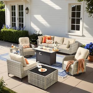 Holston 9-Piece Wicker Modern Outdoor Patio Metal Fire Pit Conversation Sofa Set with Swivel Chairs and Beige Cushions