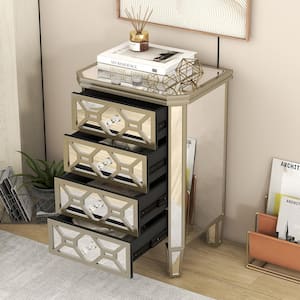 Elegant Silver Mirrored 4-Drawer 20.5 in. W Chest of Drawers with Golden Lines, Crystal-Shape Handles