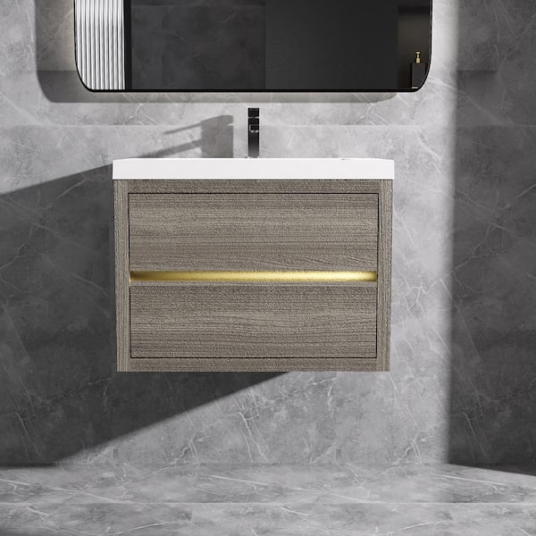 Opvande 30 in. Wall-Mounted Floating Bath Vanity in Ash Grey with Single Solid Surface Sink Top in White