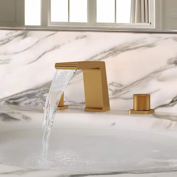 8 in. Widespread Double Handle Waterfall Spout Bathroom Faucet with Anti Scald in Brushed Gold
