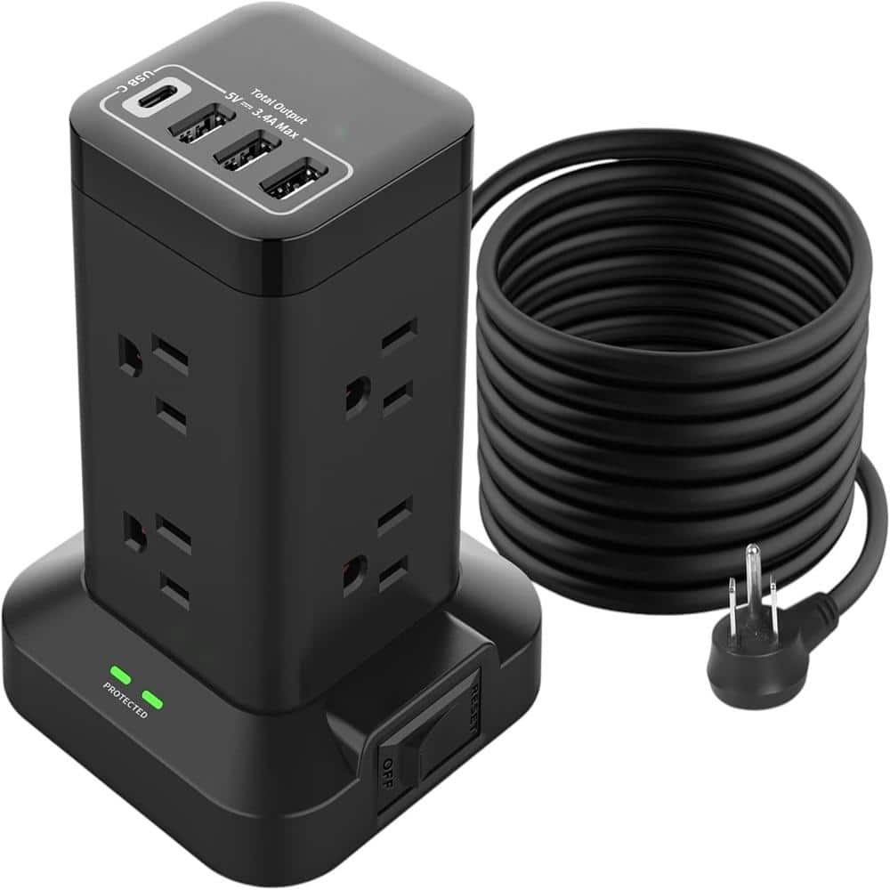 6.5 ft. Black Power Strip Tower with 8 Outlets and 4 USB A-C Ports Surge Pr