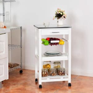 White Rolling Kitchen Cart with Wooden Stainless Steel Top and Basket