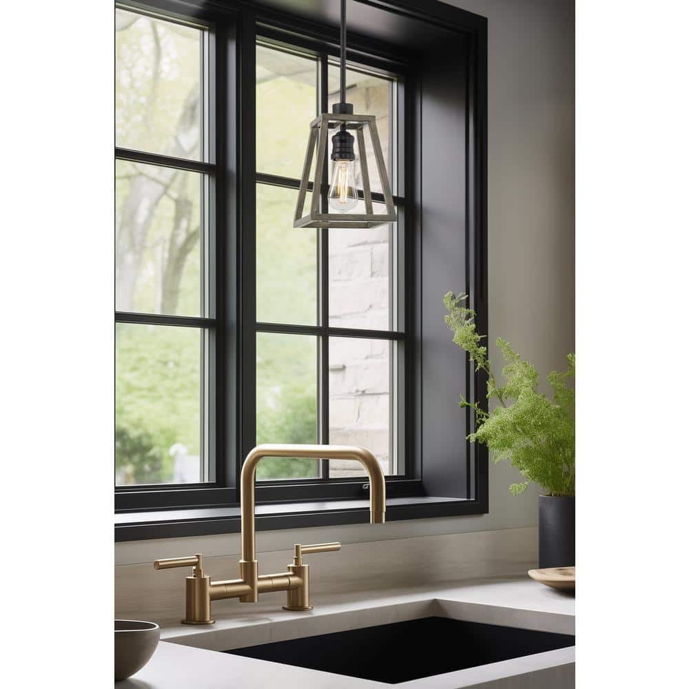 Cartwright Textured Black Metal Farmhouse Pendant Light with Gray Oak Shade