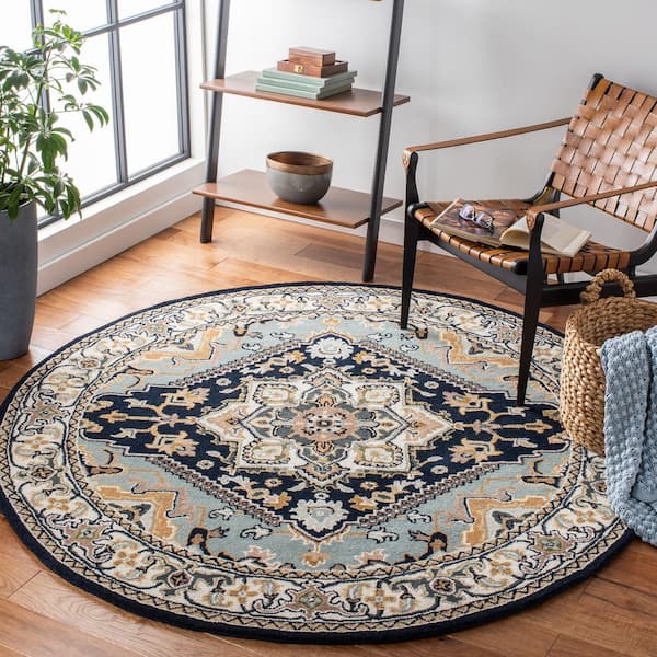 Heritage 8 ft. x 8 ft. Navy/Ivory Border Floral Medallion Round Area Rug