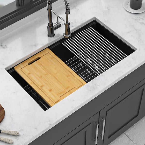 30 in. Undermount Single Bowl Black Quartz Kitchen Sink with Workstation