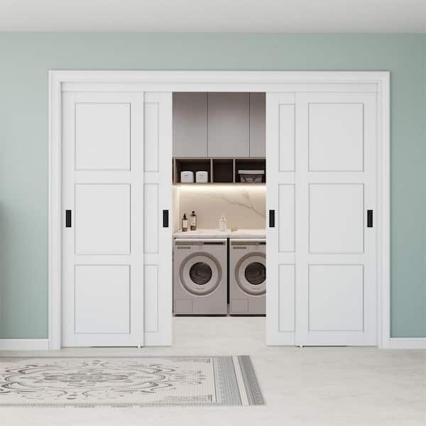 96 in. x 80 in. 3-Panel White Primed MDF Sliding Door with Hardware and Black Handles