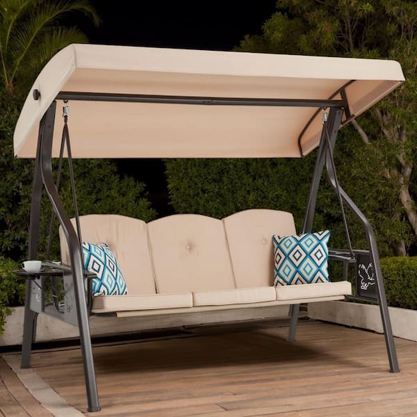 3-Person Brown Metal Patio Swing with Stand, Adjustable Canopy and Khaki Cushion for Garden Deck Yard