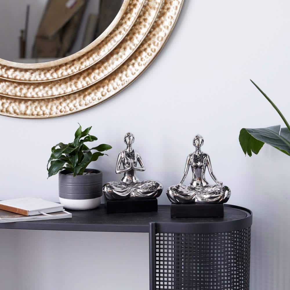 Silver Porcelain Yoga Statue Set with Black Base